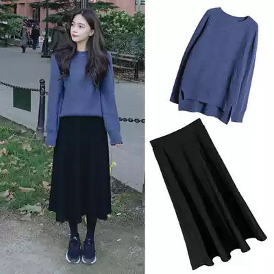 Autumn and winter 2021 new large size women's half-length dress fried street sweater two-piece set gentle wear