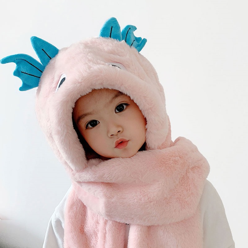 Japanese small dinosaur hat scarf-integrated autumn and winter children plush boy girl cartoon gloves three sets