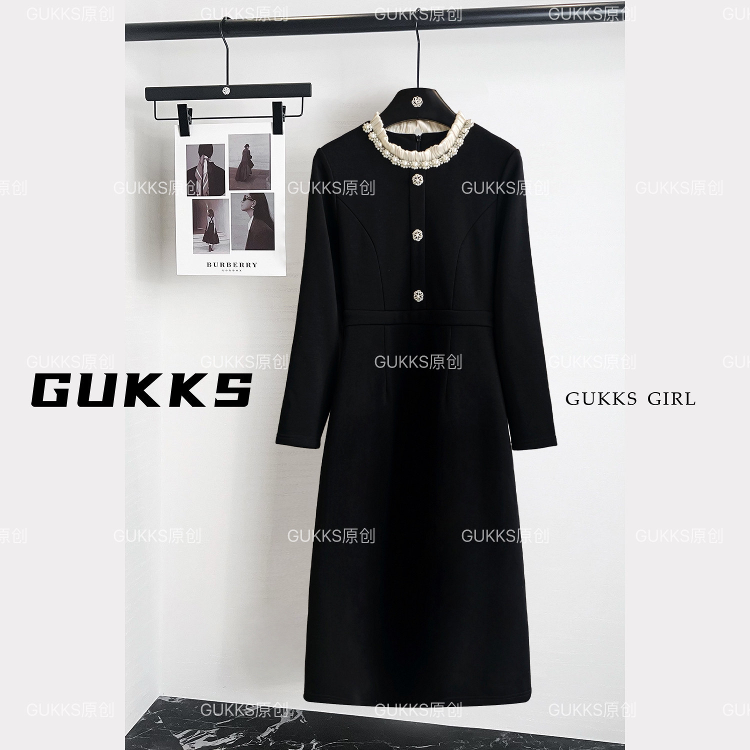 GUKKS плюс бархатное черное платье с бисером, женское зимнее платье с длинными рукавами, новая французская юбка для похудения, новая китайская юбка Изображение 1