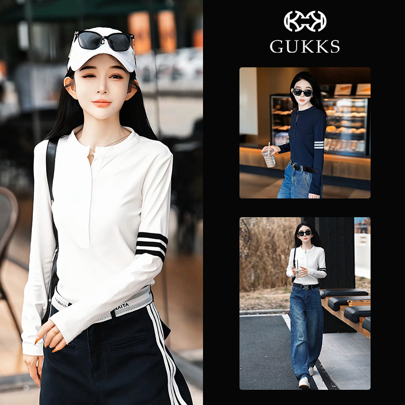 Gukks White Long-Sleeved T-Shirt for Women, Stripesd Autum New Style, Korean Style, Simple and Versatile, Three-Stripes High-End Slim-Fitting Top