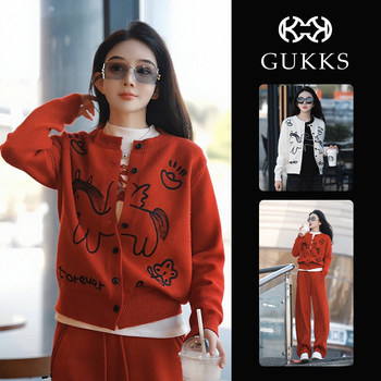 Mingming Gukks Embroidered Sweater for Women, New 2026 Relaxed Style Long-Sleeve Knit Cardigan with Little Horse Design