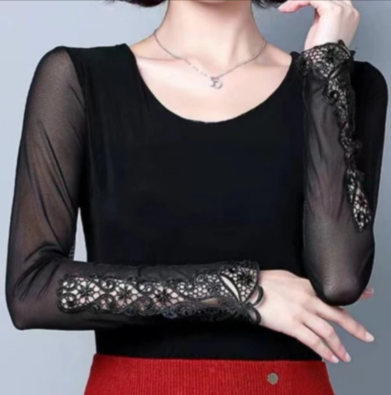 Quiet Wordsqiy23668 Black Mesh Lace Bottoming Shirt Top