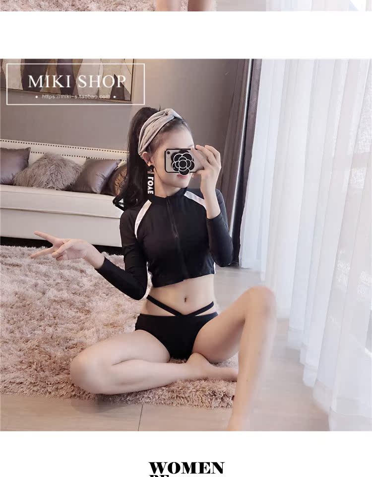 Bộ bikini đen ba mảnh chia áo tắm nữ cảm giác áo tắm bảo thủ dài tay lặn phù hợp với áo tắm mùa xuân nóng - Bikinis đồ bơi nữ cao cấp