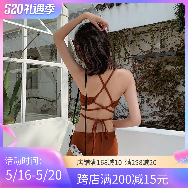 2019 new two-piece swimwear women feel slim and lean back caramel high waist retro small breasted spa swimsuit