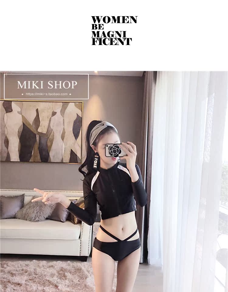 Bộ bikini đen ba mảnh chia áo tắm nữ cảm giác áo tắm bảo thủ dài tay lặn phù hợp với áo tắm mùa xuân nóng - Bikinis đồ bơi nữ cao cấp