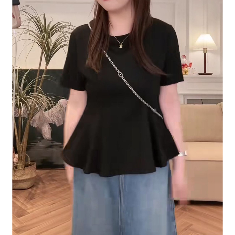 Plus Size Women's Black Top That Covers the Belly, Summer Short-Sleeved T-Shirt with Ruffled Sleeves, Babydoll Style