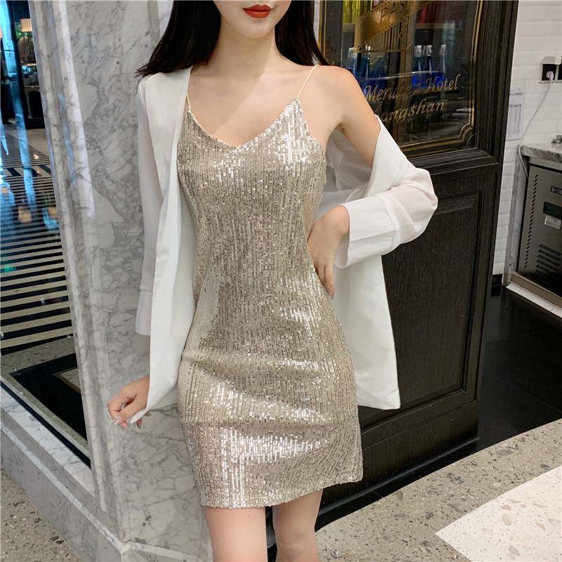 Summer Women's Clothing 2026 New Style Spaghetti Strap Dress Sexy and Elegant Backless Slim Fit Bodycon Sequin Dress for Summer