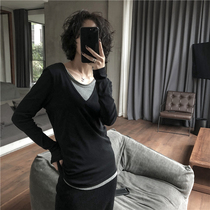 Real two spliced round collar bottom jersey woman autumn winter new soft elastic 100 lap parquet color V collar long sleeve blouse