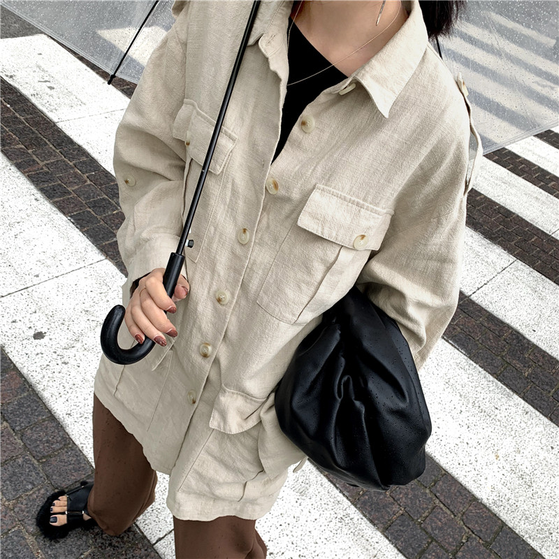 Tooling hemp coat women's early autumn loose all-match casual slimming retro Hong Kong style bf style student multi-pocket top