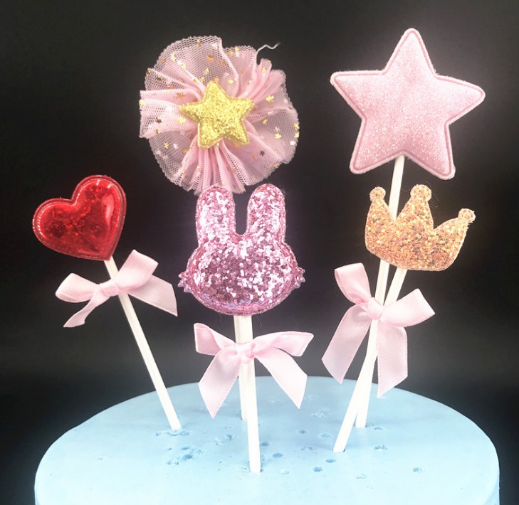 Birthday cake decoration ornaments pink sparkle cute bunny plug-in plug-in baking party dress-up supplies