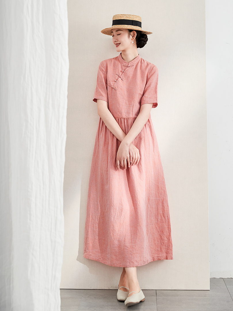 Ruyi original summer oblique lapel Chinese dress elegant temperament Stand-up collar buckle short-sleeved linen modified cheongsam