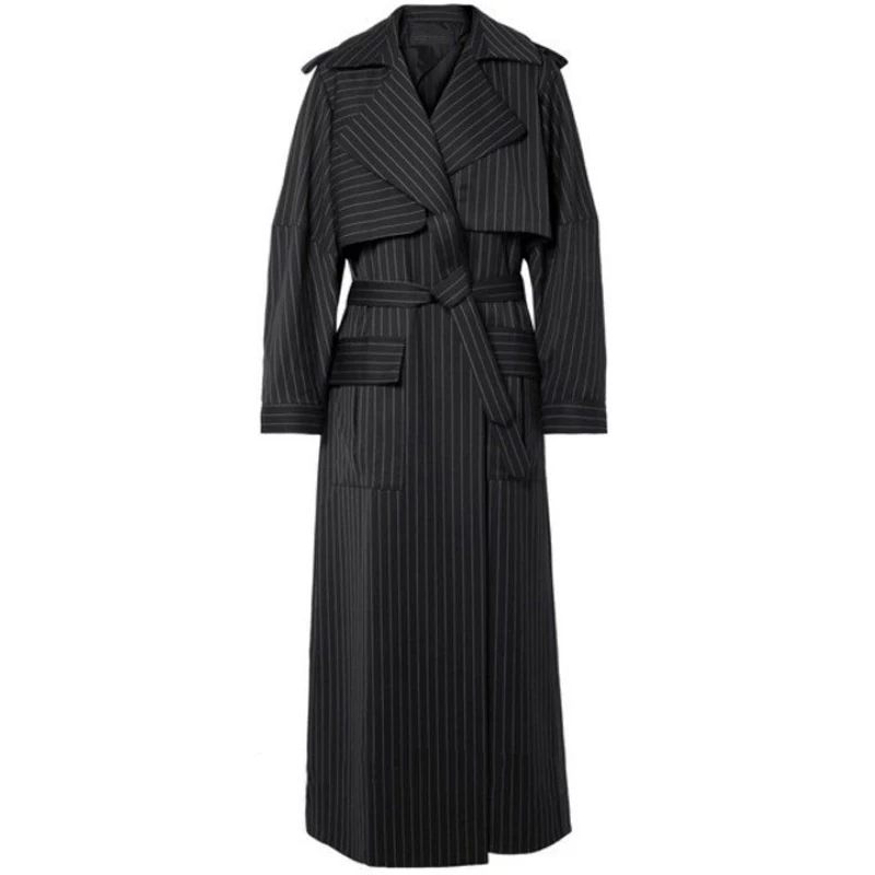 Black trench coat, fitted brace, jacket, mid-length, city style, British style