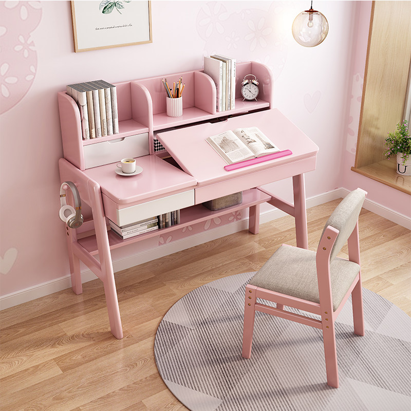 Desk primary and middle school students study table home minimalist solid wood desk with bookshelf pink desktop can be read up for reading
