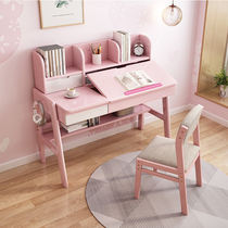 Desk primary and middle school students study table home brief solid wood writing desk with bookshelf pink desktop uplifting reading