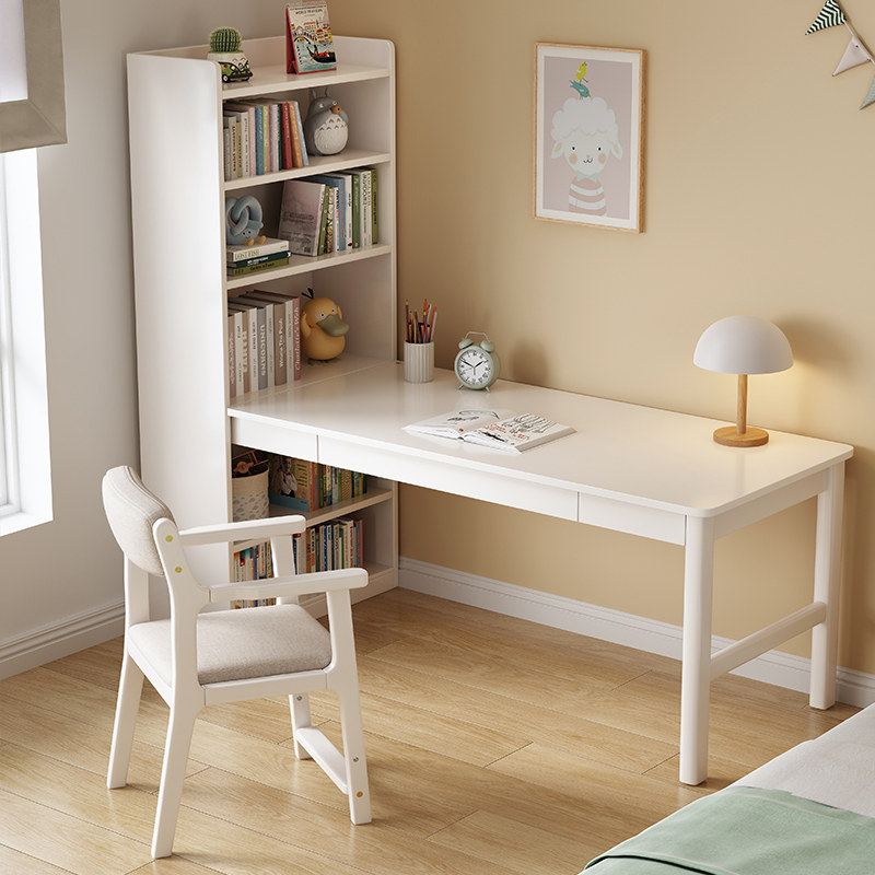 Cream style desk solid wood bookshelf combination with one student desk corner study desk study furniture home