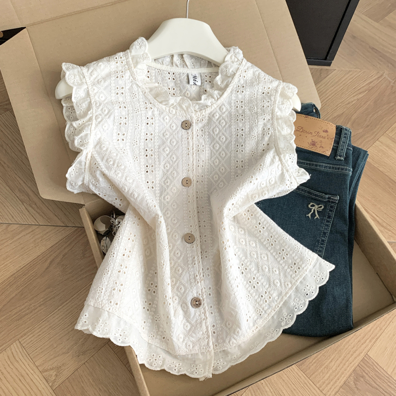 French-Style Gentle Lace Hollow Embroidery Sleeveless Shirt for Women, Summer Korean Style, Ruffled, Loose, Slimming, Versatile Top French-Style Gentle Lace Hollow Embroidery Sleeveless Shirt for Women, Summer Korean Style, Ruffled, Loose, Slimming, Versatile Top