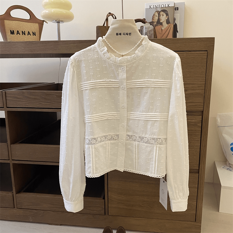Korean-Style High-End Ruffled Lace Patchwork Long-Sleeve Shirt for Women, Spring Long-Sleeve Blouse with Hollow Embroidery Top