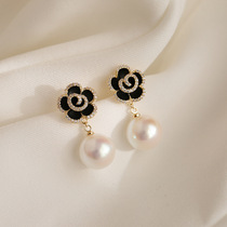 s925 Silver Needle Black Rose Earrings Elegant Pearl Flower Stud Earrings Petal Atmospheric Drip Oil Temperament Earrings