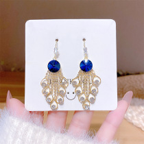 Goddess style Japanese and Korean temperament and quality fan water drop earrings blue zircon earrings Korean style celebrity earrings