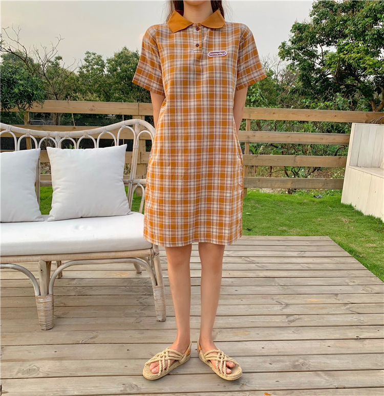 VK旗艦店 韓系格紋復古文藝polo短袖洋裝