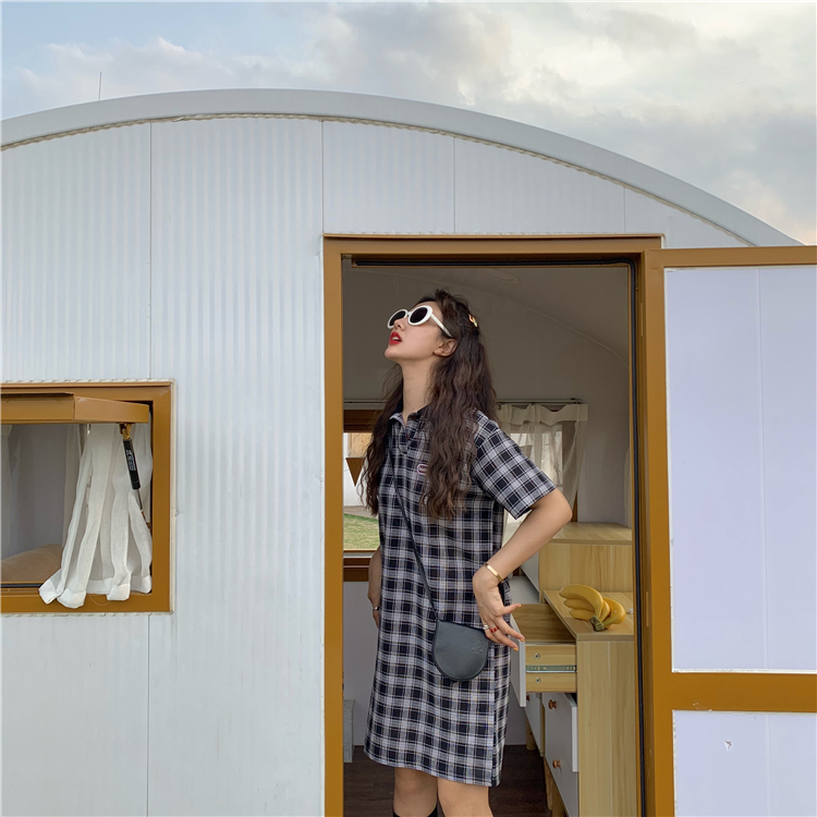 VK旗艦店 韓系格紋復古文藝polo短袖洋裝