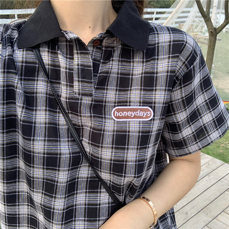 VK旗艦店 韓系格紋復古文藝polo短袖洋裝