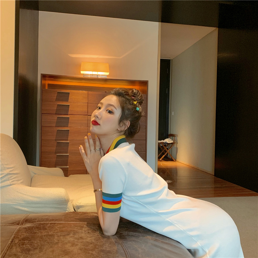 VK旗艦店 韓系小清新polo彩虹領針織短袖洋裝