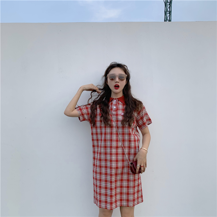 VK旗艦店 韓系格紋復古文藝polo短袖洋裝