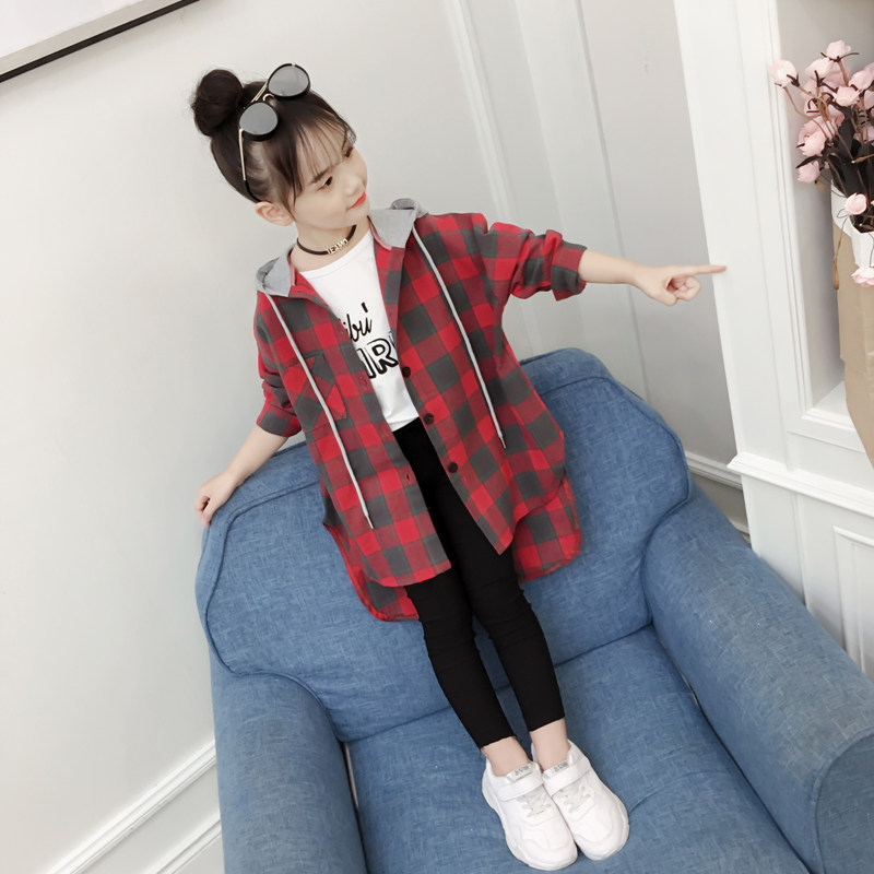 Girl Spring Dress Shirt 2022 New Children Plaid Shirt CUHK Child Korean Version Long Sleeve Foreign Pie Jacket Thin