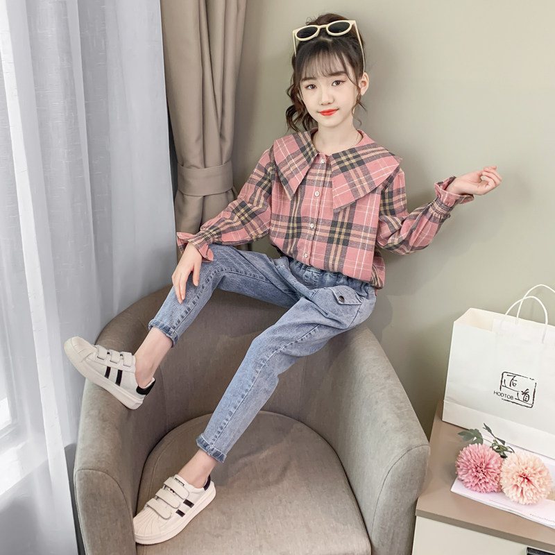 Girls plaid shirt long-sleeved spring and autumn Korean version of children's shirt foreign style top fashionable middle and big children's coat autumn clothing