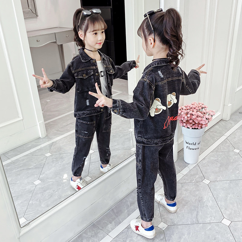 Girl Suit 2022 New Spring Dress Children Spring Autumn Children Dress Trendy Foreign Girl Net Red Denim Two Sets