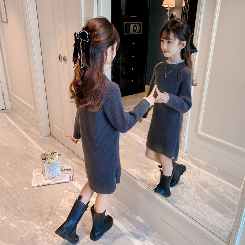 Girls winter mid-length thick sweater skirt 2022 new New Year's dress little girl Western style dress knitted sweater