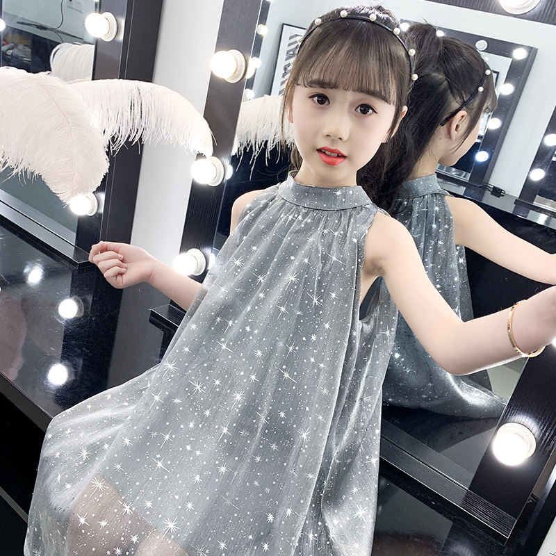Girl Foreign Dress Summer Dress New Foreign Pie Fluffy Dress No Sleeve Fashion Starry Sky Veil Princess Children Dresses