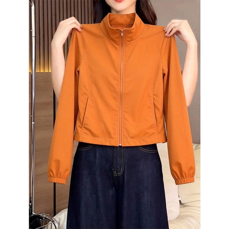 Outdoor Sports Style Orange Stand-Up Collar Zipper Jacket for Women, 2026 Autumn Style, Versatile, Loose, Slimming, Casual Top