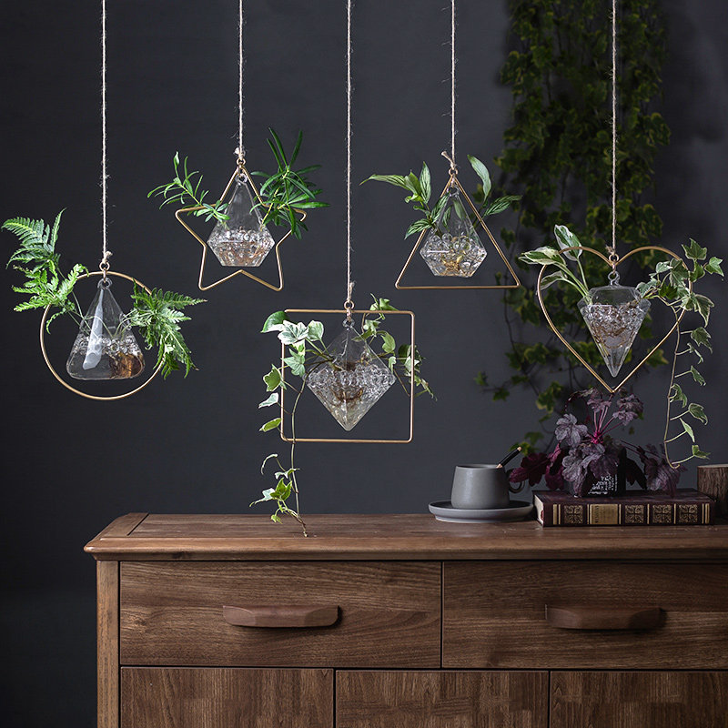 Hydroponic vase planted with small hanging bottle hanging inserted gold Ge glass bottle hydroponic hanging wall utensil creative decorative florin green plant
