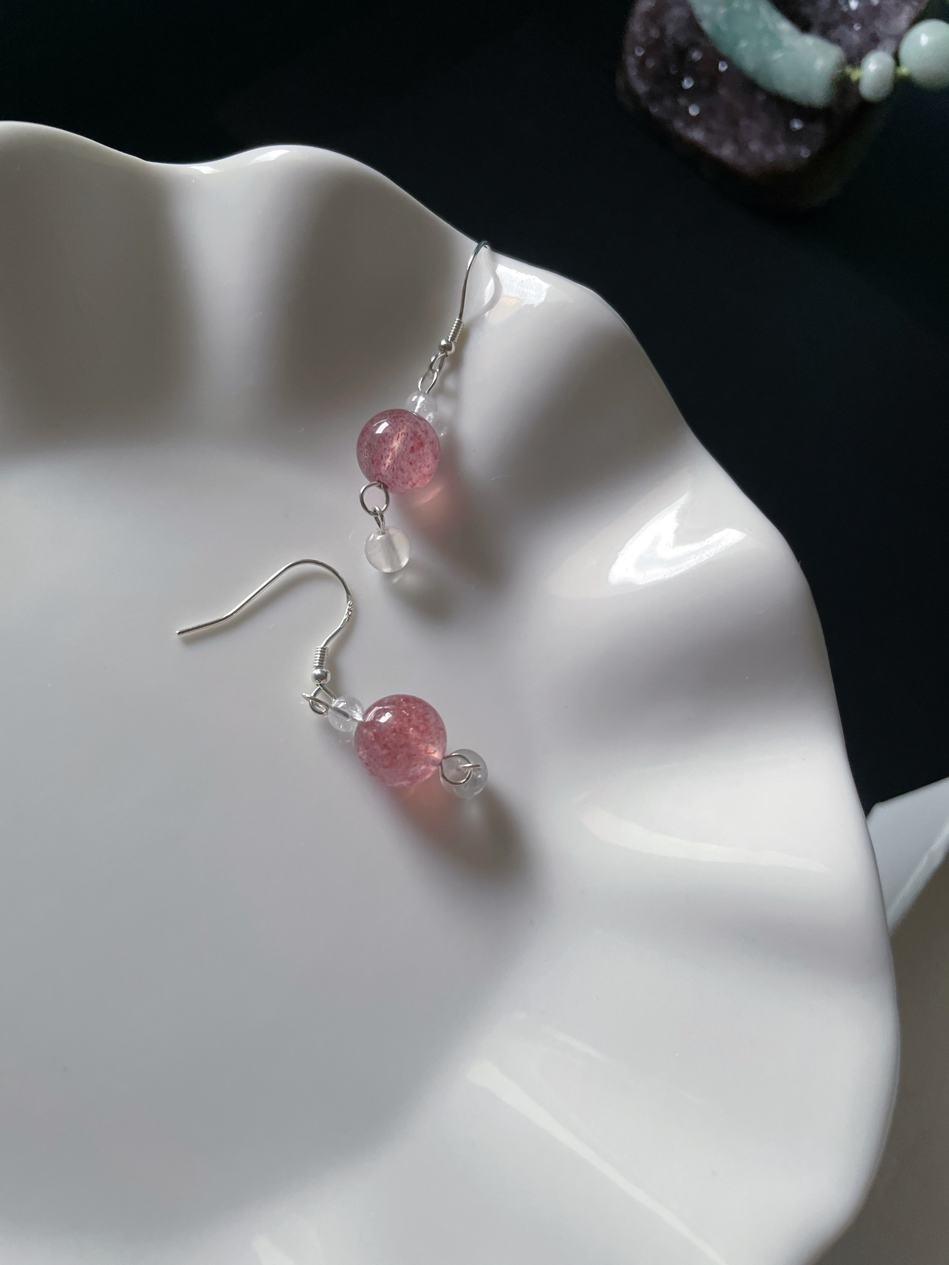 Серьги 天然水晶耳坠925纯银旺爱情粉草莓晶蓝月光耳钩耳环桃花耳饰服装配饰