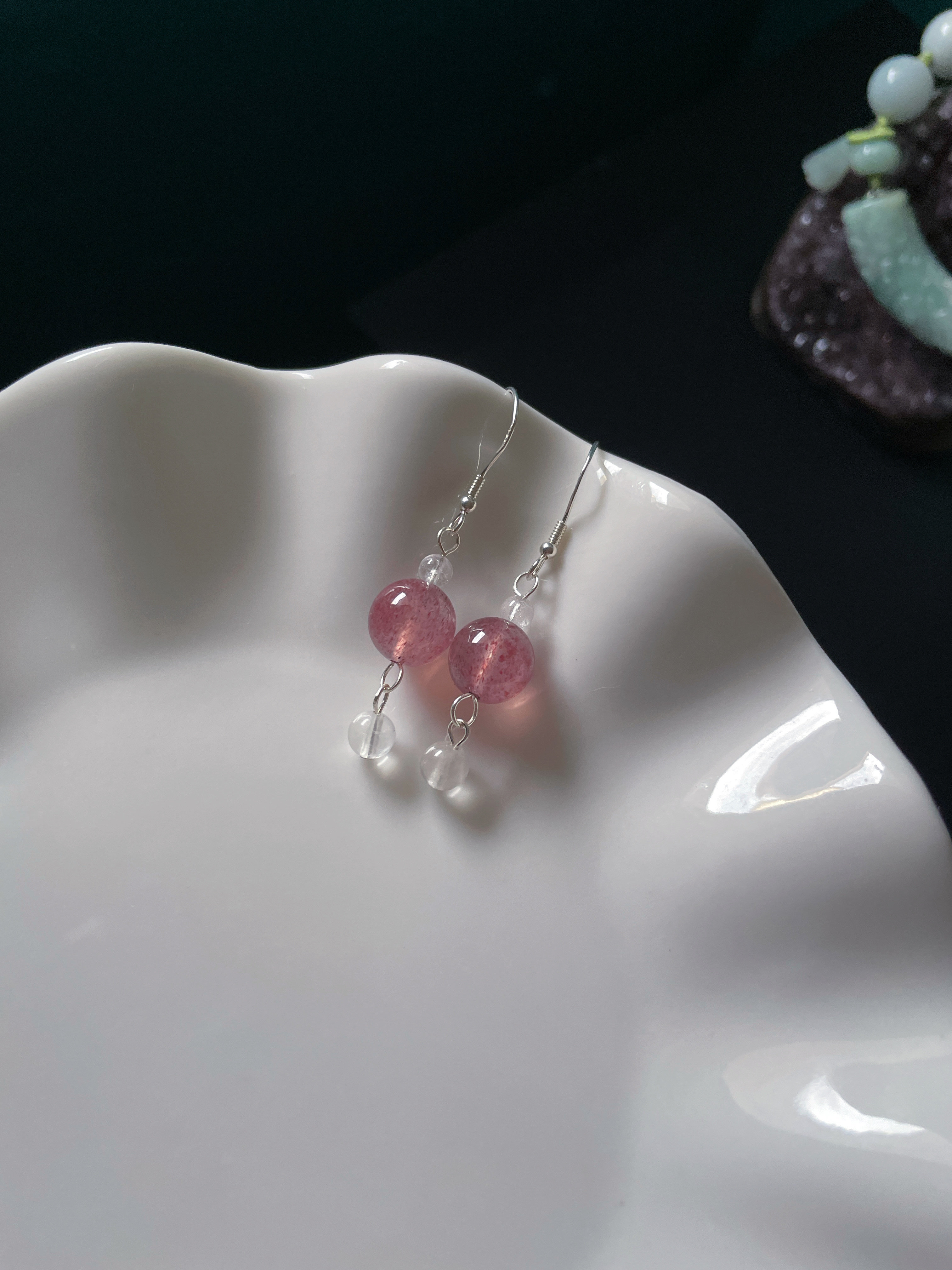 Серьги 天然水晶耳坠925纯银旺爱情粉草莓晶蓝月光耳钩耳环桃花耳饰服装配饰