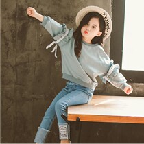 UK next kiss girls  suit 2021 spring Korean version of the large and medium childrens lace sleeve top jeans two pieces