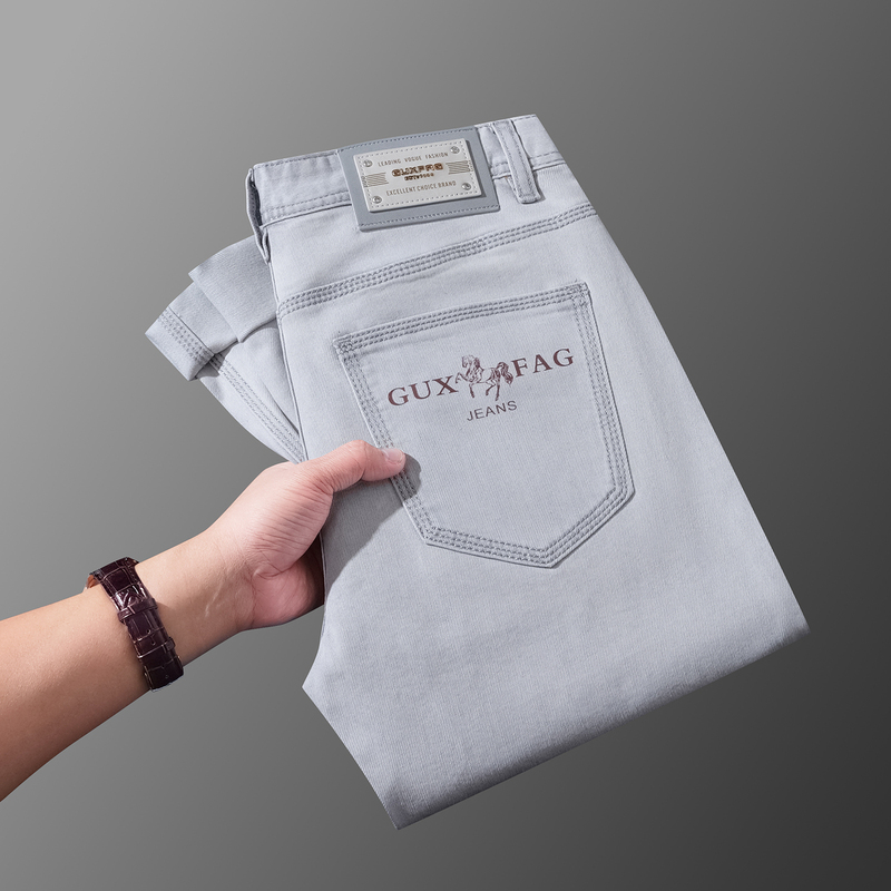 High-End European-Style Spring and Summer New Slim-Fit Cropped Jeans for Men in Light Gray, Small Straight-Leg, Fashionable and Versatile Casual Pants