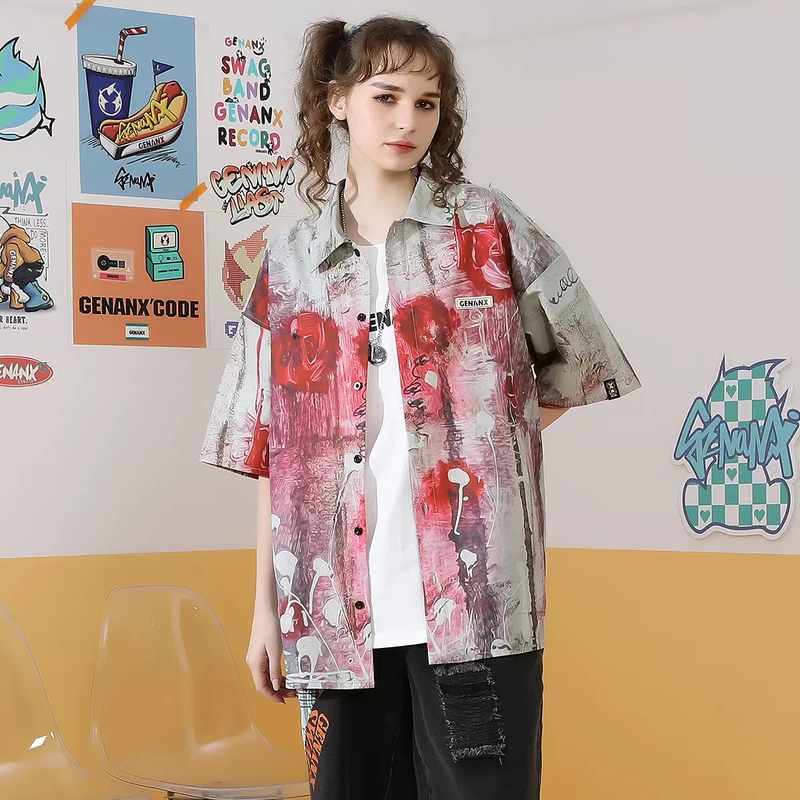 Genanx Lightning Fashion Brand 2025 New Red Rose Flame Print All-Over Hip-Hop Loose Short-Sleeved Shirt for Men