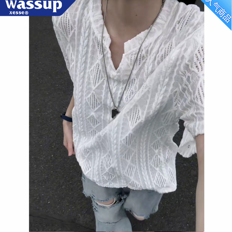 Wassup Xesse Old Money Style Hollow Mesh V-Neck T-Shirt for Men, Versatile Summer Breathable Trendy Brand Cool Short-Sleeve Shirt