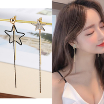 Personality asymmetry five-pointed star earrings Korean simple Joker temperament long tassel ear clip without ear hole female