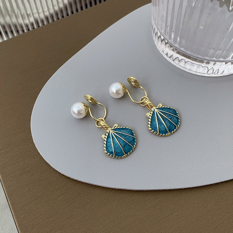 Summer Blue Shell Pearl Earring Visual Design Lightly Luxury Ear Nail Head-Trimmed Mosquito Plate Without Ear Holes