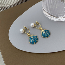 Summer blue shell pearl earrings niche design sense light luxury earrings earrings mosquito coils earring ear clip female