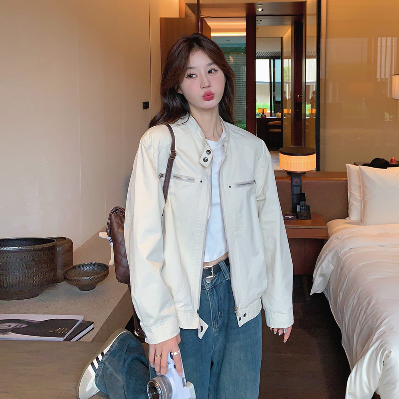 White Workwear Thin Jacket for Women, Spring and Autumn 2025 New Korean Style Casual Unique Beautiful Stand Collar Short Regular Shoulder Jacket