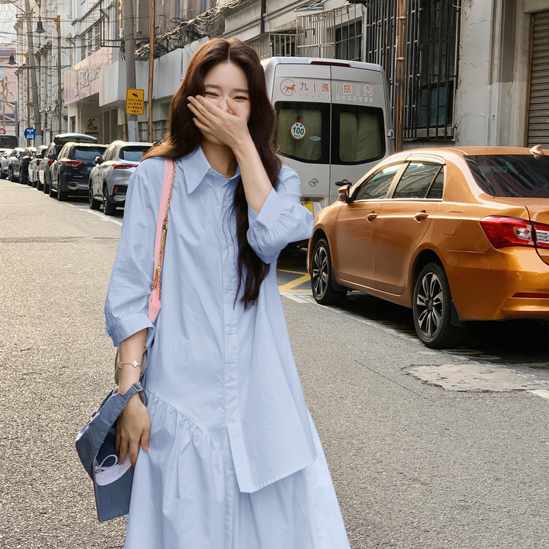 Blue Dress Spring Women's 2026 New Korean Style High-End Shirt Dress Loose Casual Simple Long Dress Shirt Dress
