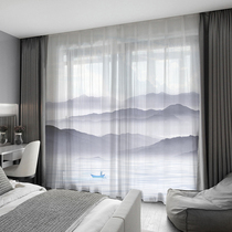 New Chinese style light luxury Elegant living room artistic landscape painting Semi-shading cloth curtain window screen Custom floor-to-ceiling window floating curtain