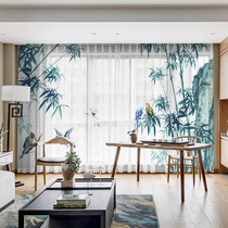 New Chinese ink landscape painting Chinese wind elements flowers and birds Living room curtains Hotel accommodation Floor-to-ceiling windows Bay windows Window screens