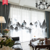 Modern new Chinese landscape painting Villa Living room balcony High-end atmosphere Zen yarn curtain Teahouse translucent curtain customization