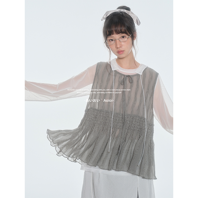 Aoioi Japanese Retro Layered Lace-Up Plaid Vest for Women, Summer Loose Slimming Design Sleeveless Top